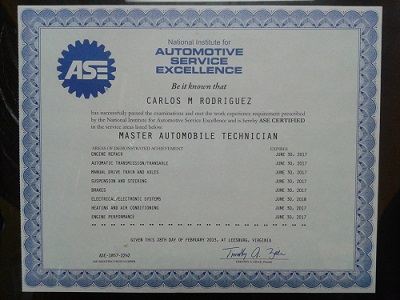 Auto Repair Shop Displays ASE Master Technician Certification