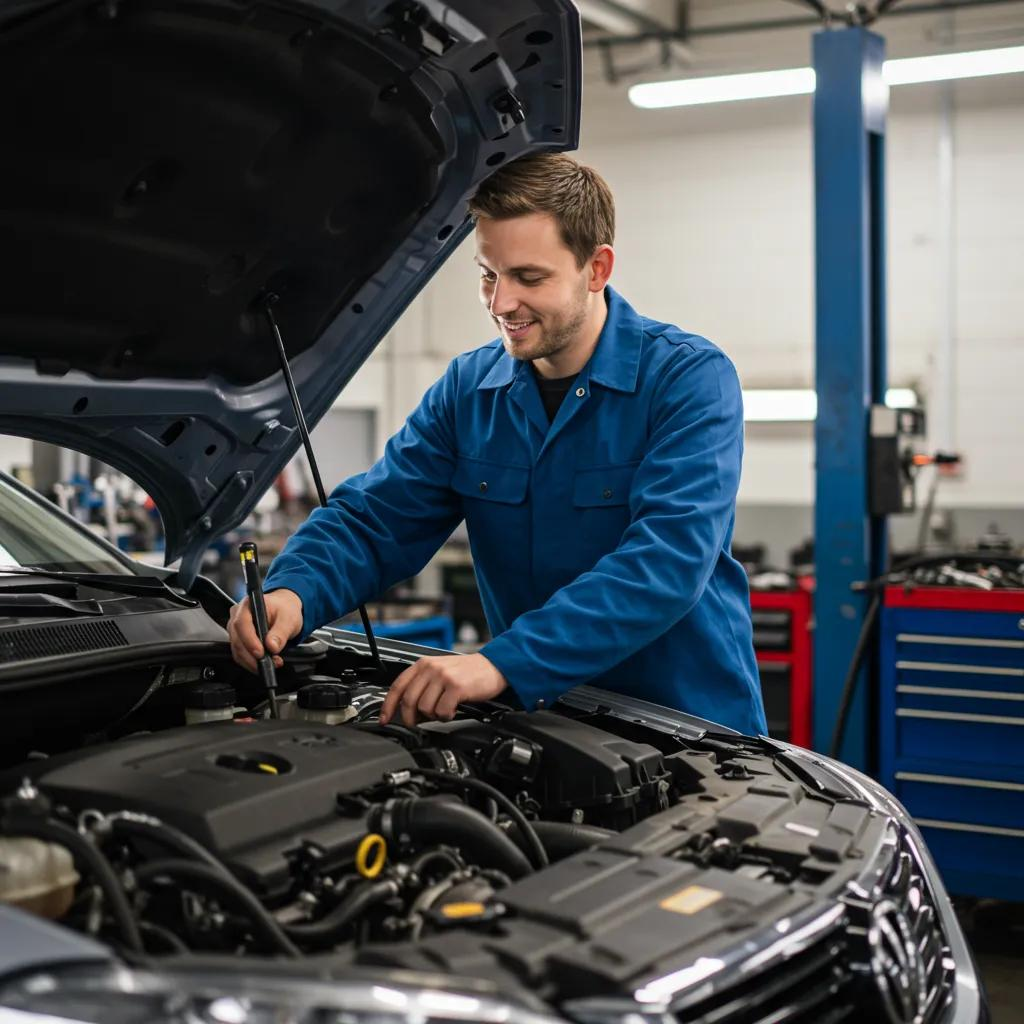 Mechanic inspecting a car engine in a bright auto repair shop
