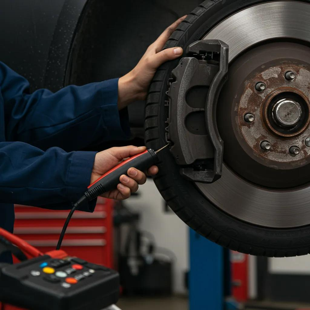 Mechanic inspecting brake pads and tires in a well-equipped garage
