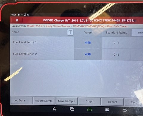 Car diagnostic scan tool data showing fuel pump signals stuck high - Auto Repair San Antonio | Auto Service Experts Scan tool shows Fuel Level Sense 1 and Fuel Level Sense 2 stuck high at 4.98 volts.
