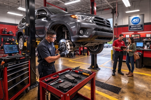 ASE mechanic explaining automotive service lifecycle before repairs - Auto Repair San Antonio | Auto Service Experts Auto technician inspects brakes on a lifted Toyota SUV in a clean, organized North San Antonio shop, while a manager consults a customer, illustrating high performance standards and excellent customer service in auto repair.