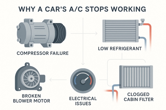 Auto AC Repair Basics diagram of compressor blower motor and cabin filter - Auto Repair San Antonio | Auto Service Experts Infographic explaining why a car’s AC stops working, with labeled vector illustrations of compressor, condenser, blower motor, refrigerant lines, and dashboard dial. Causes shown include low refrigerant, compressor failure, broken blower motor, electrical issues, and clogged cabin filter on a clean white background.