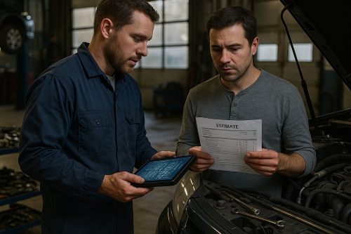 Auto Repair Service Lifecycle Mechanic Explaining Maintenance Needs - Auto Repair San Antonio | Auto Service Experts Mechanic shows diagnostic tablet to car owner holding a detailed repair estimate beside an open car hood, inside a busy auto repair shop with tools, spare parts, and natural light, capturing a moment of transparency and professional trust.