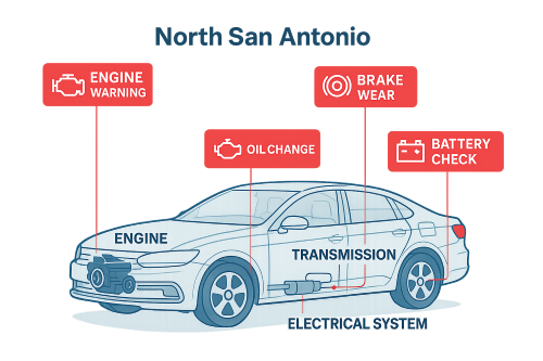 Infographic of a transparent modern car with labeled engine, brakes, transmission, and electrical system. Highlights issues like engine warning, brake wear, oil change, and battery check.