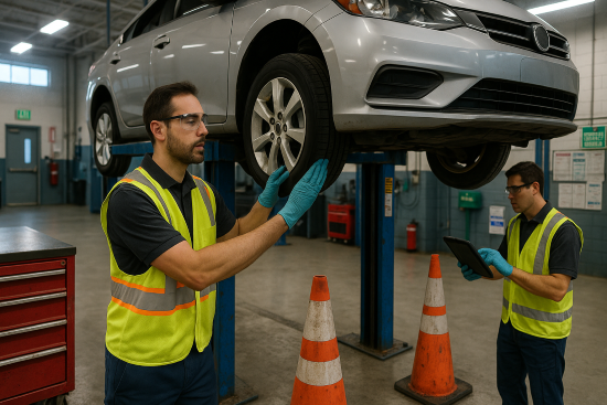 Car Repair Shop Safety Practices - Auto Repair San Antonio | Auto Service Experts Technicians in a modern auto repair shop follow strict safety protocols, wearing protective gear while inspecting a sedan on a hydraulic lift. Visible are safety cones, tool cabinets, fire extinguishers, an eyewash station, and MSDS sheets, illustrating comprehensive modern automotive safety practices.