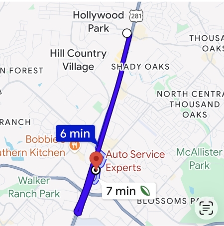 Map Hollywood Park City Hall to Auto Service Experts - Auto Repair San Antonio | Auto Service Experts Map showing 6 minute driving directions from Hollywood Park City Hall to Auto Service Experts.