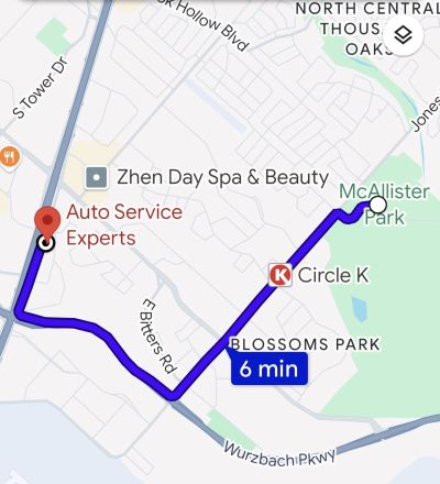 Map from McAlister Park in Santa Fe Trails to Auto Service Experts Shop - Auto Repair San Antonio | Auto Service Experts Map showing 6 minute driving directions from McAlister Park in Santa Fe Trails to Auto Service Experts