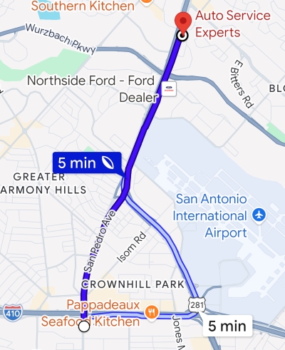 Map from North Star Mall in North Central San Antonio to Auto Service Experts - Auto Repair San Antonio | Auto Service Experts Map showing 5 minute drive to Auto Service Experts in North Central San Antonio from North Star Mall.