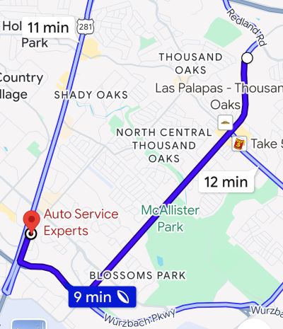 Map from Redland Oaks to Auto Service Experts Mechanic Shop - Auto Repair San Antonio | Auto Service Experts Map showing 9 minute route from Redland Oaks to Auto Service Experts