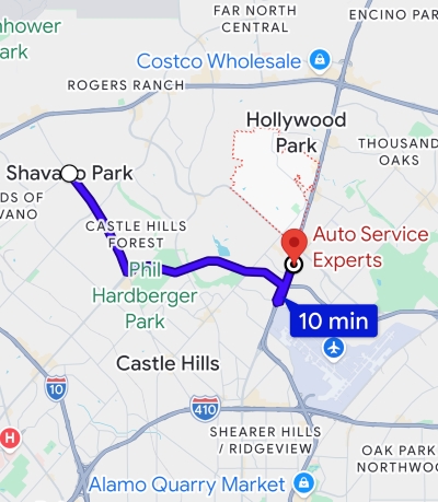 Map showing 10 minute drive from Shavano Park to Auto Service Experts - Auto Repair San Antonio | Auto Service Experts
