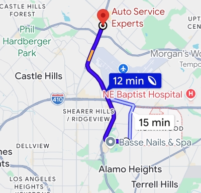 Map showing 12 minute drive from Lincoln Heights San Antonio to Shop - Auto Repair San Antonio | Auto Service Experts This map image shows 12 minute driving route from Lincoln Heights, San Antonio to Auto Service Experts.