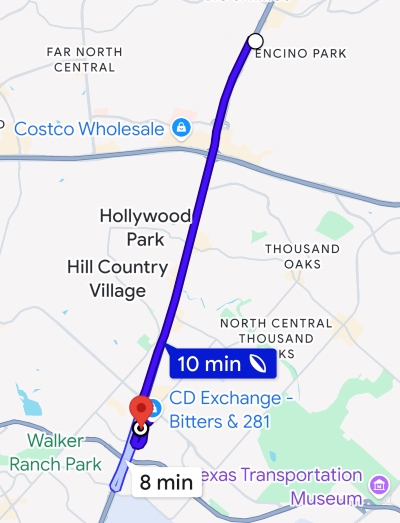 Map showing 8 minute drive from Encino Rio Hwy 281 - Auto Repair San Antonio | Auto Service Experts Map showing 8 minute route from Encino Rio & Hwy 281 to Auto Service Experts.