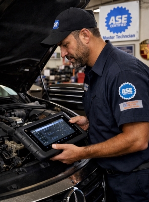 Precision Diagnostic Testing for European Luxury Vehicles near Olmos Park - Auto Repair San Antonio | Auto Service Experts ASE Master Technician performing advanced diagnostic testing on a European luxury vehicle at Auto Service Experts in San Antonio, serving Olmos Park drivers.