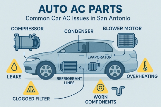 Infographic of a car AC system showing compressor, condenser, evaporator, blower motor, and refrigerant lines, with icons and arrows illustrating common San Antonio issues like leaks, overheating, clogged filters, and worn parts. 