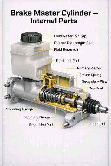 Auto-Service-Experts-Brake-Master-Cylinder-Internal-Parts-Labeled-Diagram-San-Antonio-TX - Auto Repair San Antonio | Auto Service Experts Brake master cylinder internal parts labeled diagram showing reservoir cap diaphragm primary piston secondary piston and brake line ports for hydraulic brake repair in San Antonio.