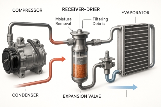 Scientific diagram of a car air conditioning system highlighting compressor, condenser, receiver-drier, expansion valve, and evaporator. The receiver-drier is semi-transparent, showing desiccant beads and filtration media.