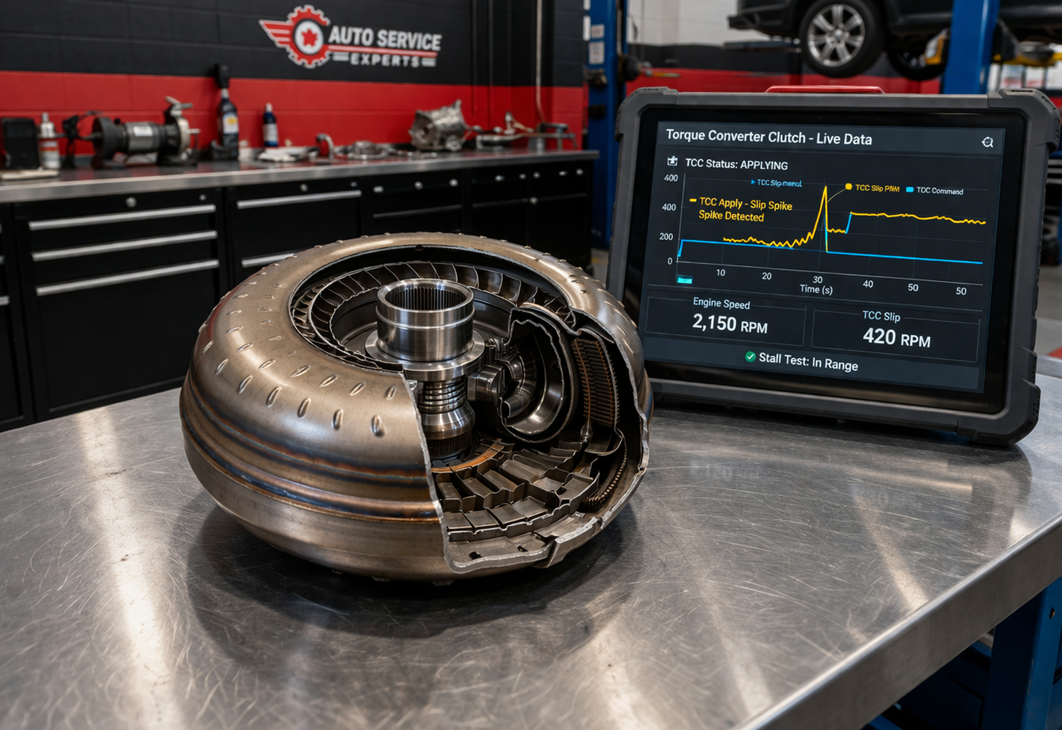 auto-service-experts-san-antonio-torque-converter-clutch-diagnosis – Auto Repair San Antonio | Auto Service Experts ASE master technician at Auto Service Experts in San Antonio diagnosing torque converter clutch malfunction using live data and stall testing