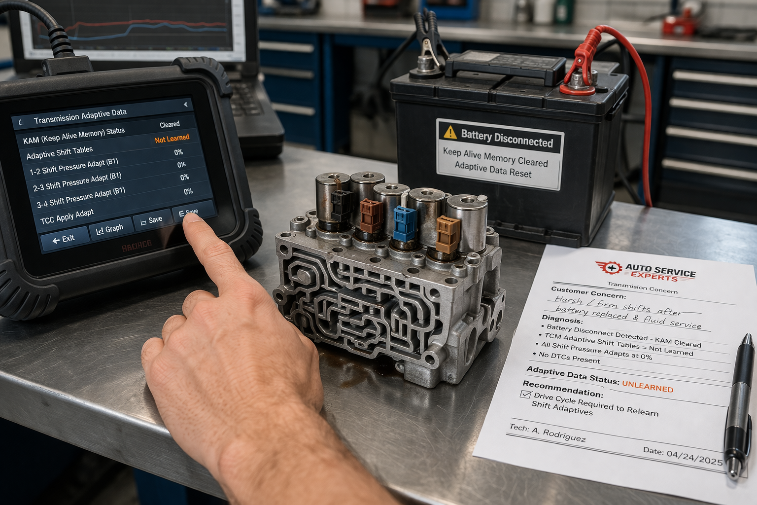 auto-service-experts-san-antonio-transmission-adaptive-shift-data-reset – Auto Repair San Antonio | Auto Service Experts ASE master tech at Auto Service Experts in San Antonio reviewing transmission adaptive shift data reset with professional scan tool after battery disconnect