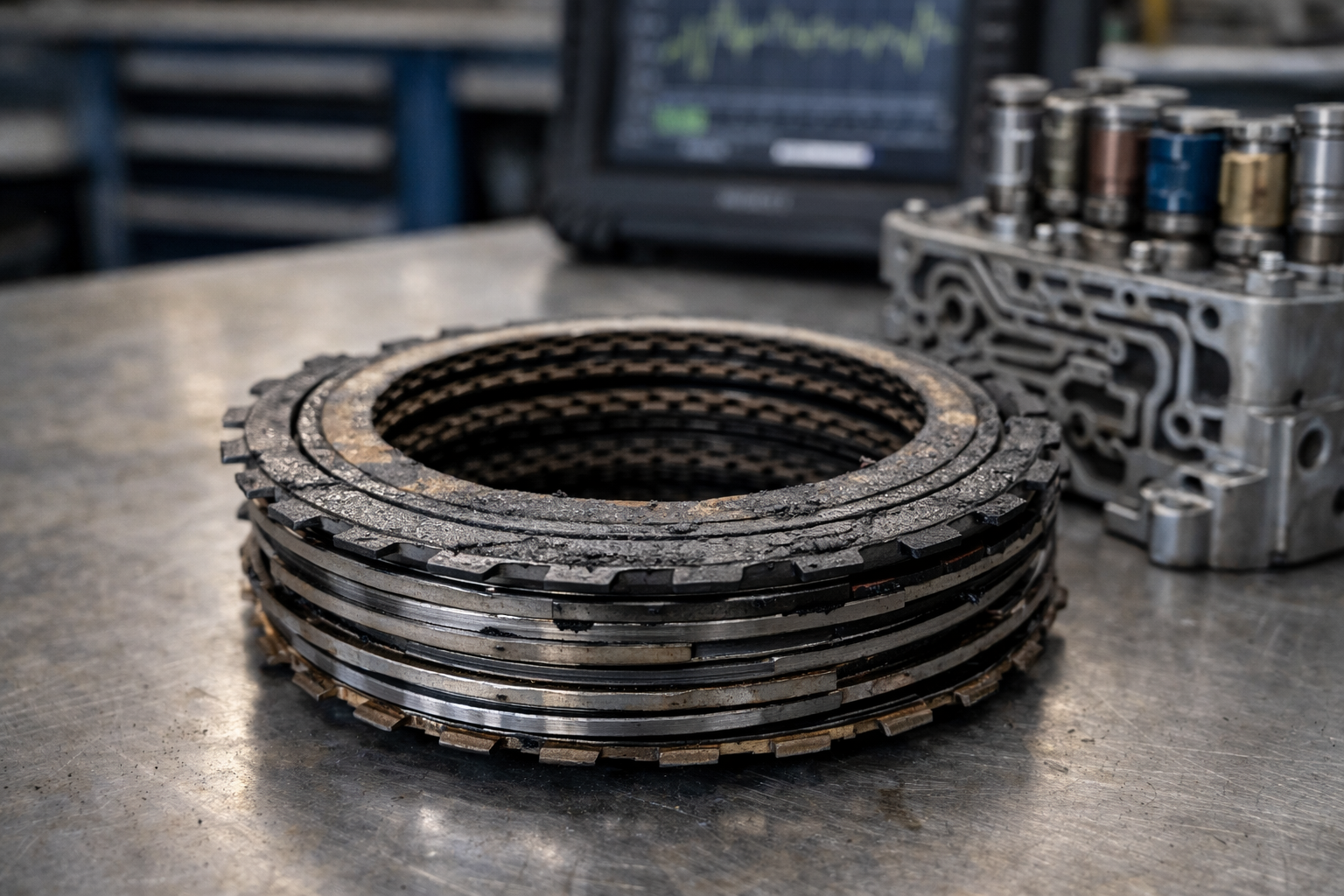 auto-service-experts-san-antonio-worn-clutch-pack-transmission-repair 2 – Auto Repair San Antonio | Auto Service Experts ASE master technician at Auto Service Experts in San Antonio inspecting worn transmission clutch pack with burned friction material during internal inspection