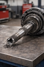 broken-output-shaft-fractured-splines-transmission-auto-service-experts – Auto Repair San Antonio | Auto Service Experts Close-up of a fractured transmission output shaft with damaged splines, showing loss of power transfer to the drivetrain, diagnosed at Auto Service Experts in San Antonio