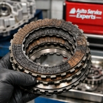 burnt-transmission-clutch-pack-friction-discs – Auto Repair San Antonio | Auto Service Experts Worn and heat-damaged clutch packs showing burned friction material inside an automatic transmission, inspected at Auto Service Experts in San Antonio.