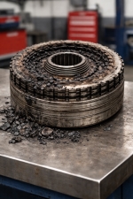 complete-forward-clutch-pack-failure-burnt-friction-discs-auto-service-experts – Auto Repair San Antonio | Auto Service Experts Close-up of a forward clutch pack stack with burned and disintegrated friction plates, showing why no forward gear engagement occurs, diagnosed at Auto Service Experts in San Antonio