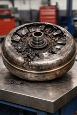 complete-torque-converter-failure-internal-damage-auto-service-experts – Auto Repair San Antonio | Auto Service Experts Severely damaged torque converter showing broken internal fins and debris, diagnosed by Auto Service Experts in San Antonio as a complete failure preventing power transfer from engine to transmission