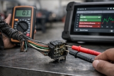 damaged-transmission-wiring-harness-corroded-connector – Auto Repair San Antonio | Auto Service Experts A heavily corroded connector and damaged wiring harness are being probed during testing, showing how signal loss can mimic component failure during diagnostics at Auto Service Experts