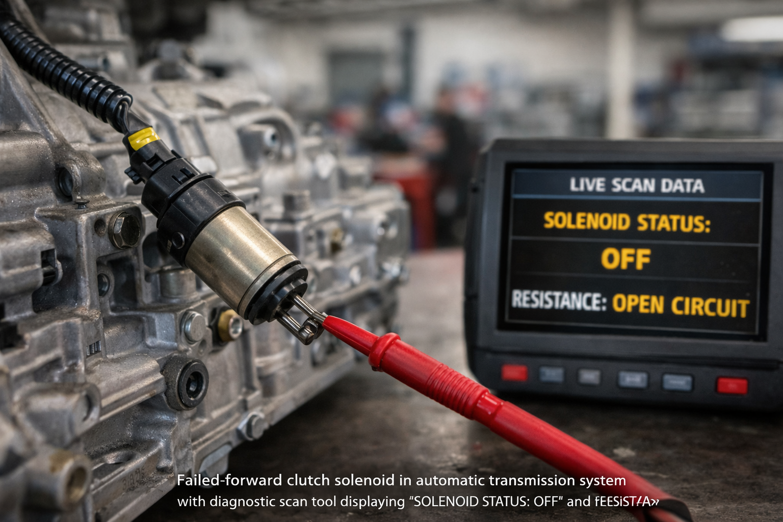 failed-forward-clutch-solenoid-diagnostic-testing – Auto Repair San Antonio | Auto Service Experts A faulty forward clutch solenoid being tested with a meter, where Carlos Rodriguez, Master Technician at Auto Service Experts, confirms an open circuit preventing the transmission from going into drive.