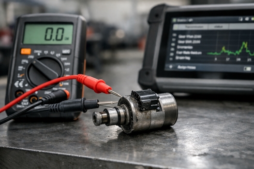 failed-shift-solenoid-resistance-test-auto-service-experts – Auto Repair San Antonio | Auto Service Experts A failed shift solenoid is being checked with a multimeter showing no resistance while live data is reviewed, as Carlos Rodriguez, Master Technician at Auto Service Experts in San Antonio confirms whether the issue is internal or in the circuit