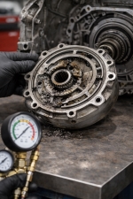 failed-transmission-pump-damaged-internal-gears-auto-service-experts – Auto Repair San Antonio | Auto Service Experts Close-up of a transmission pump with internal gear damage and debris buildup, showing why hydraulic pressure is not being generated, inspected at Auto Service Experts in San Antonio