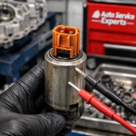faulty-shift-solenoid-electrical-testing – Auto Repair San Antonio | Auto Service Experts Close-up of a failed shift solenoid being tested with a meter, showing how improper pressure control can affect shifting, diagnosed by Carlos Rodriguez, Master Technician.