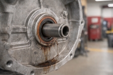 front-pump-seal-torque-converter-fluid-leak-auto-service-experts – Auto Repair San Antonio | Auto Service Experts fluid collecting at the front of the transmission near the torque converter area, where Carlos Rodriguez, Master Technician, confirmed a failed front pump seal causing the leak