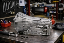 gm-10l80-10l90-transmission-valve-body-workbench – Auto Repair San Antonio | Auto Service Experts Modern 10-speed GM transmission valve body laid out on a clean bench at Auto Service Experts, showing the components involved when diagnosing harsh low gear shifts and pressure control issues in San Antonio