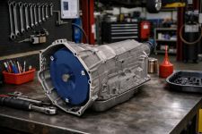 gm-6l80-6l90-transmission-torque-converter-bench – Auto Repair San Antonio | Auto Service Experts Chevy, GM, Buick & Cadillac 6L80 transmission on the workbench with the torque converter visible, showing the type of unit Carlos Rodriguez, Master Technician at Auto Service Experts in San Antonio, inspects when diagnosing converter shudder and clutch wear issues