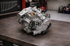 honda-five-speed-automatic-rebuilt-transmission-accord-odyssey-pilot-crv – Auto Repair San Antonio | Auto Service Experts Fully rebuilt Honda five-speed automatic transmission staged on a clean workbench at Auto Service Experts in San Antonio, with Carlos Rodriguez verifying third-gear clutch integrity and final assembly before installation