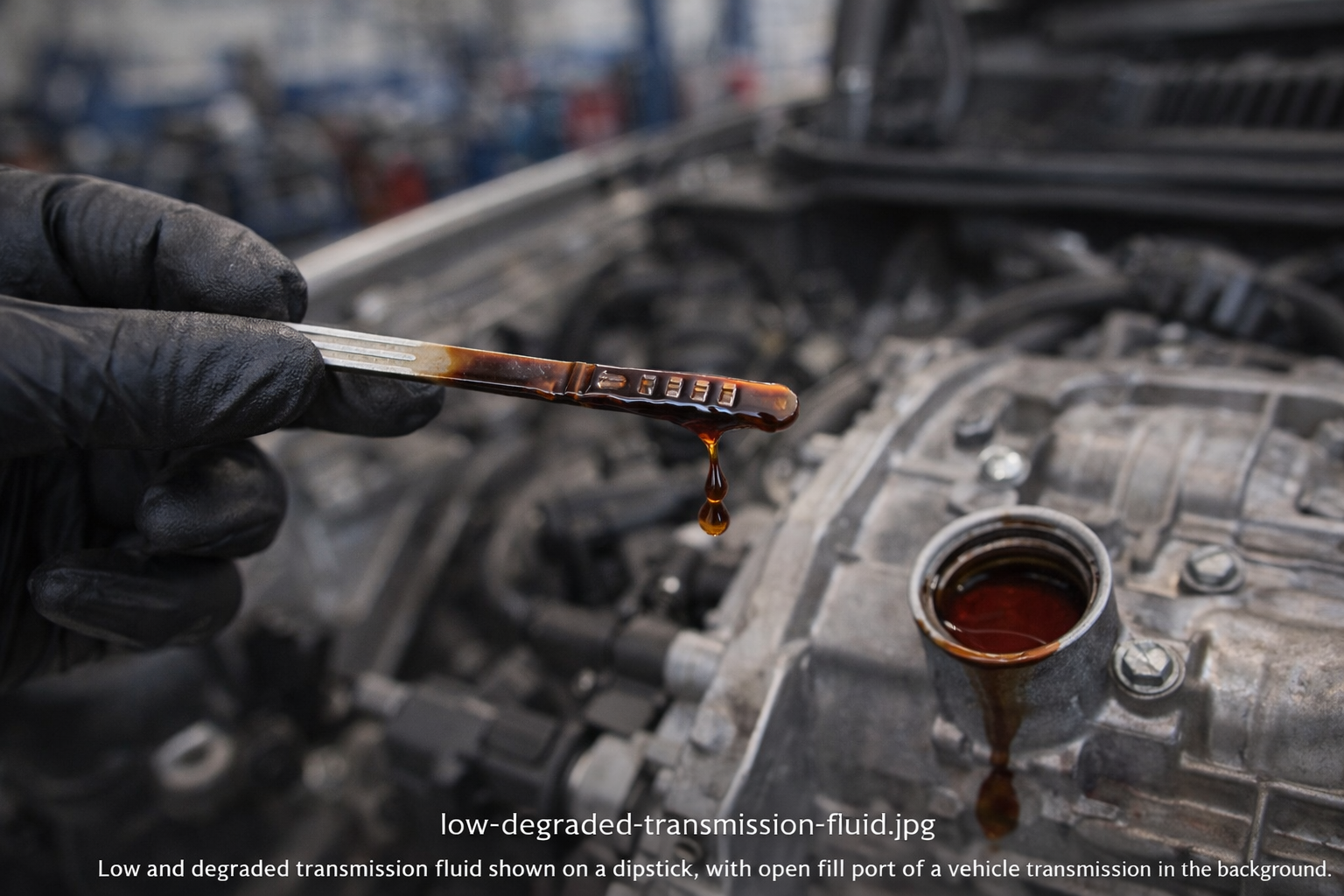 low-burnt-transmission-fluid-dipstick-inspection – Auto Repair San Antonio | Auto Service Experts Dark, degraded transmission fluid dripping from a dipstick during inspection, showing loss of hydraulic performance and pressure control in the system.