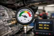 low-transmission-line-pressure-testing-auto-service-experts – Auto Repair San Antonio | Auto Service Experts Close-up of a transmission pressure gauge showing low hydraulic pressure during testing, helping identify why the vehicle is not engaging properly at our San Antonio shop.