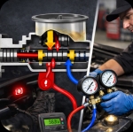 master-cylinder-pressure-imbalance-brake-warning-light-icon-san-antonio - Auto Repair San Antonio | Auto Service Experts Illustration of master cylinder internal seal bypass causing brake warning light during brake system diagnostics in San Antonio