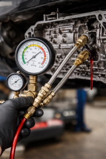 total-hydraulic-pressure-loss-transmission-line-testing-auto-service-experts – Auto Repair San Antonio | Auto Service Experts Close-up of transmission hydraulic pressure testing showing little to no pressure at the gauge, helping Auto Service Experts in San Antonio confirm a complete loss of line pressure preventing gear engagement