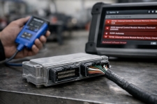 transmission-control-module-diagnostic-scan-san-antonio – Auto Repair San Antonio | Auto Service Experts A transmission control module is connected and actively being tested while fault codes are displayed on a scan tool, helping Jason Leacock, Master Technician in San Antonio, verify if the issue is software-related or a module failure