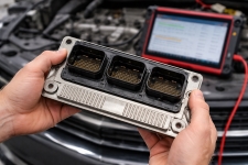 transmission-control-module-diagnostic-scan – Auto Repair San Antonio | Auto Service Experts Technician holding a transmission control module while reviewing live data on a scan tool, identifying communication faults and adaptive shift issues, with support from Mario Negron, Technician at Auto Service Experts.