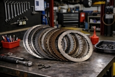 worn-clutch-pack-stack-automatic-transmission-workbench – Auto Repair San Antonio | Auto Service Experts Stack of worn automatic transmission clutch plates laid out on a clean workbench, showing heat damage and friction material wear that Carlos Rodriguez, Master Technician at Auto Service Experts in San Antonio, would identify as a cause of slipping or delayed engagement in high-mileage units