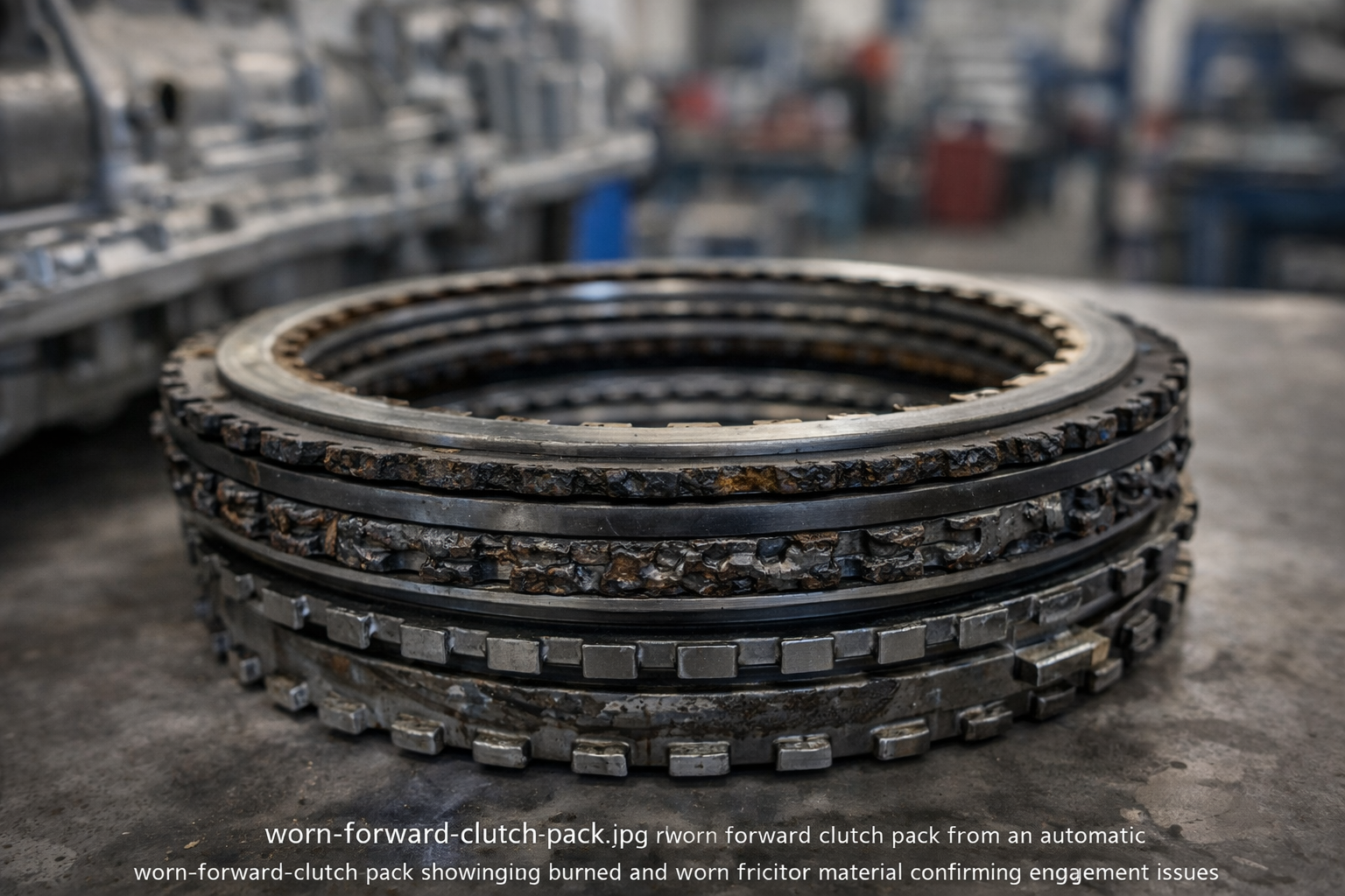 worn-forward-clutch-pack-burnt-friction-plates-san-antonio – Auto Repair San Antonio | Auto Service Experts Damaged forward clutch pack with burned friction material laid out on a workbench, showing why the transmission has delayed or no engagement, inspected by Jason Leacock, Master Technician.