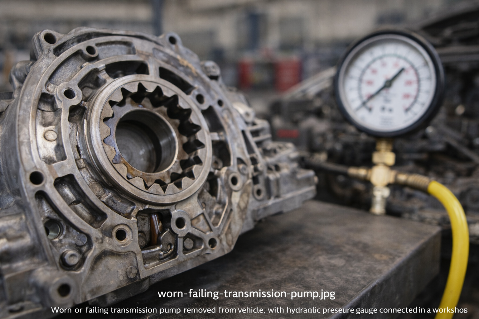 worn-transmission-pump-low-pressure-condition-auto-repair – Auto Repair San Antonio | Auto Service Experts Worn transmission pump removed from the vehicle with pressure testing equipment nearby, demonstrating how insufficient pump output leads to poor clutch engagement, inspected by Mario Negron, Technician.