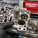 worn-valve-body-hydraulic-channels-debris – Auto Repair San Antonio | Auto Service Experts ASE certified technician at Auto Service Experts in San Antonio inspecting worn transmission valve body and performing hydraulic pressure testing